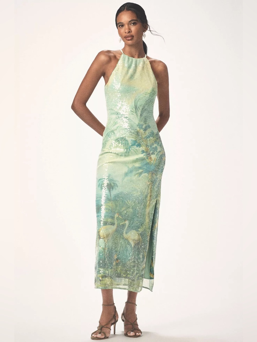 BHLDN Paulina Halter Printed Sequin Midi Dress Green Heron Bird Print sz Medium